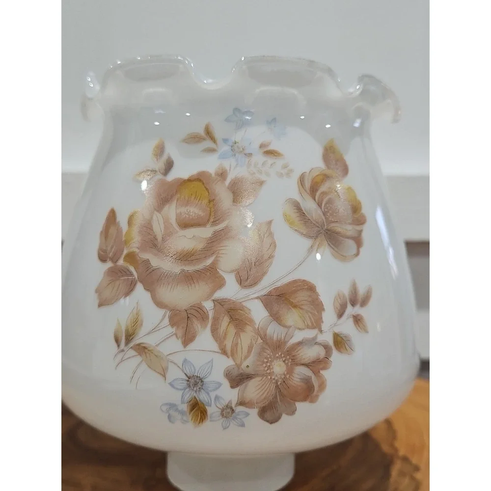 Vintage Milk Glass Hurricane Floral Lamp Shade With Ruffled Top 1.5 Inc Fitter